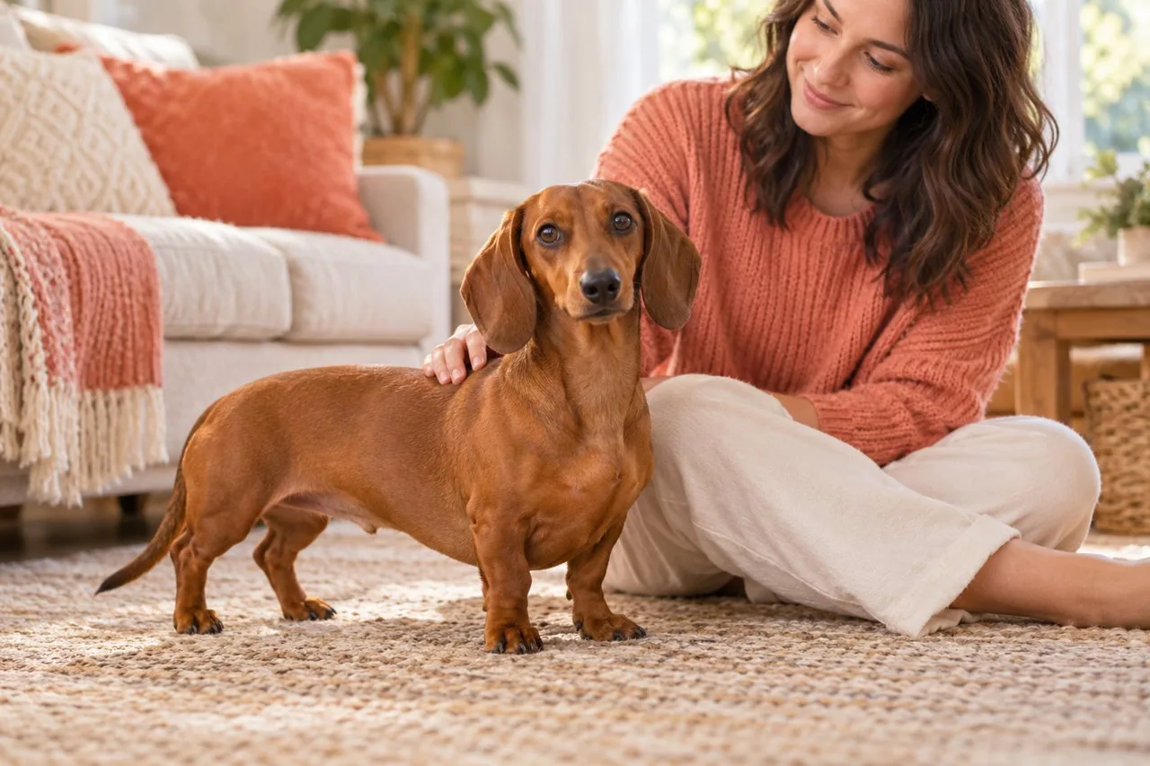 Dachshund-type dog beside its owner at home